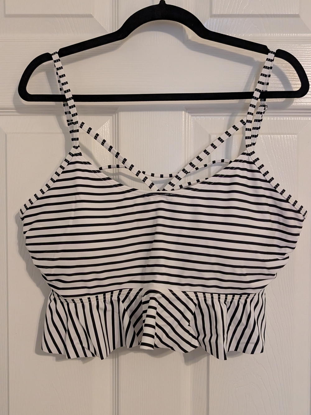 COCOSHIP Black & White Striped Cropped Swim Tank with Ruffle Hem